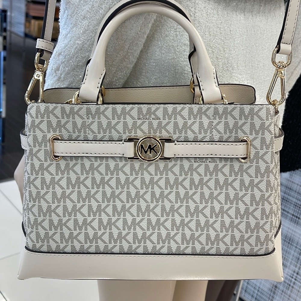 Michael Kors Reed Small Belted Logo Satchel Crossbody CZ Bag
Lt Cream Multi 
NWT